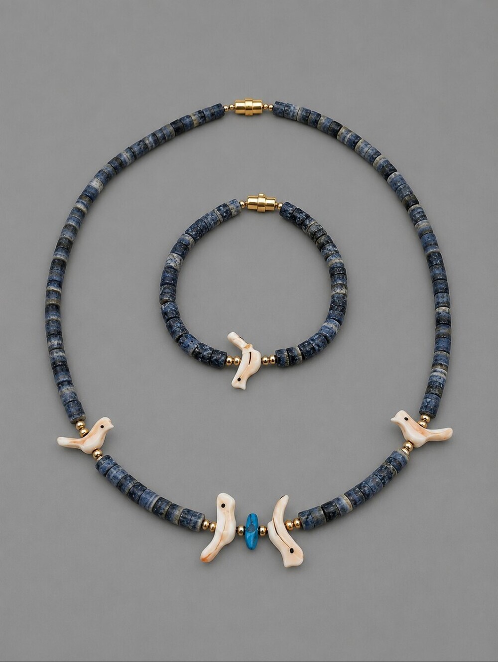 Vtg Native American Blue Coral Heishi Bird Fetish Beaded Necklace Bracelet Set